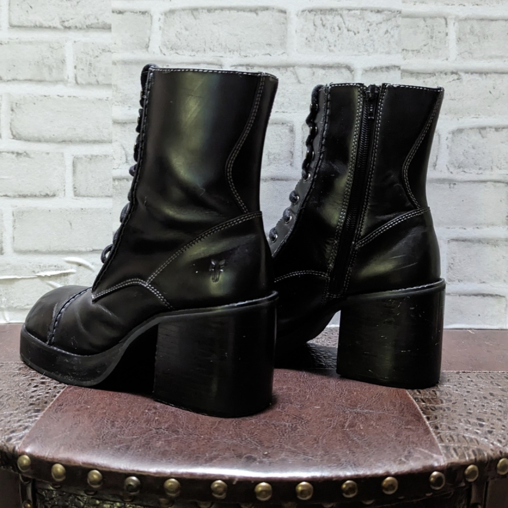 Frye Vintage Y2K Villager Boot Lace Up Zip Stitch 70's Chunky Heel Black Size 9 - Picture 3 of 16